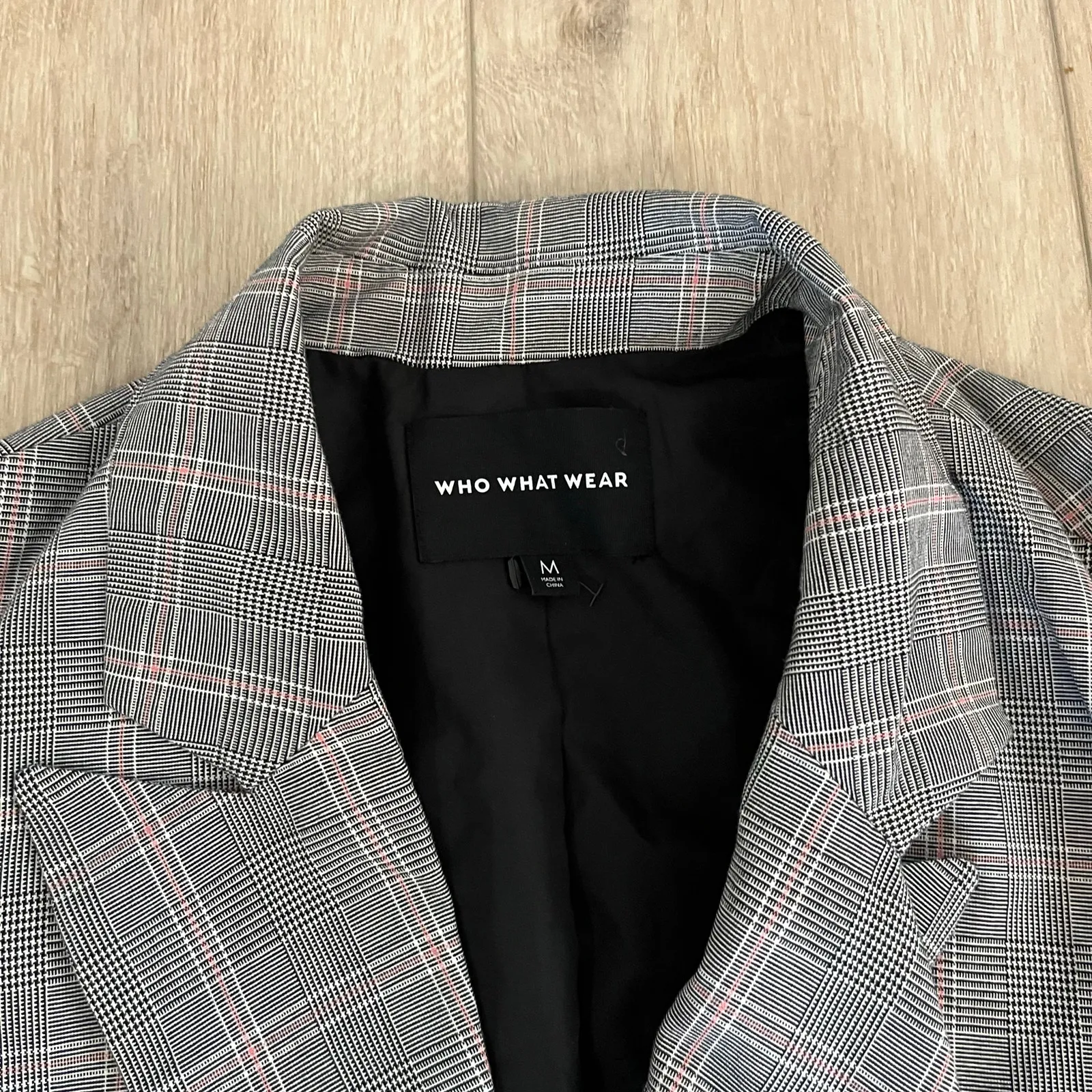Who What Wear Women's Gray & Pink Plaid Double Breasted Blazer Sz M - Image 3