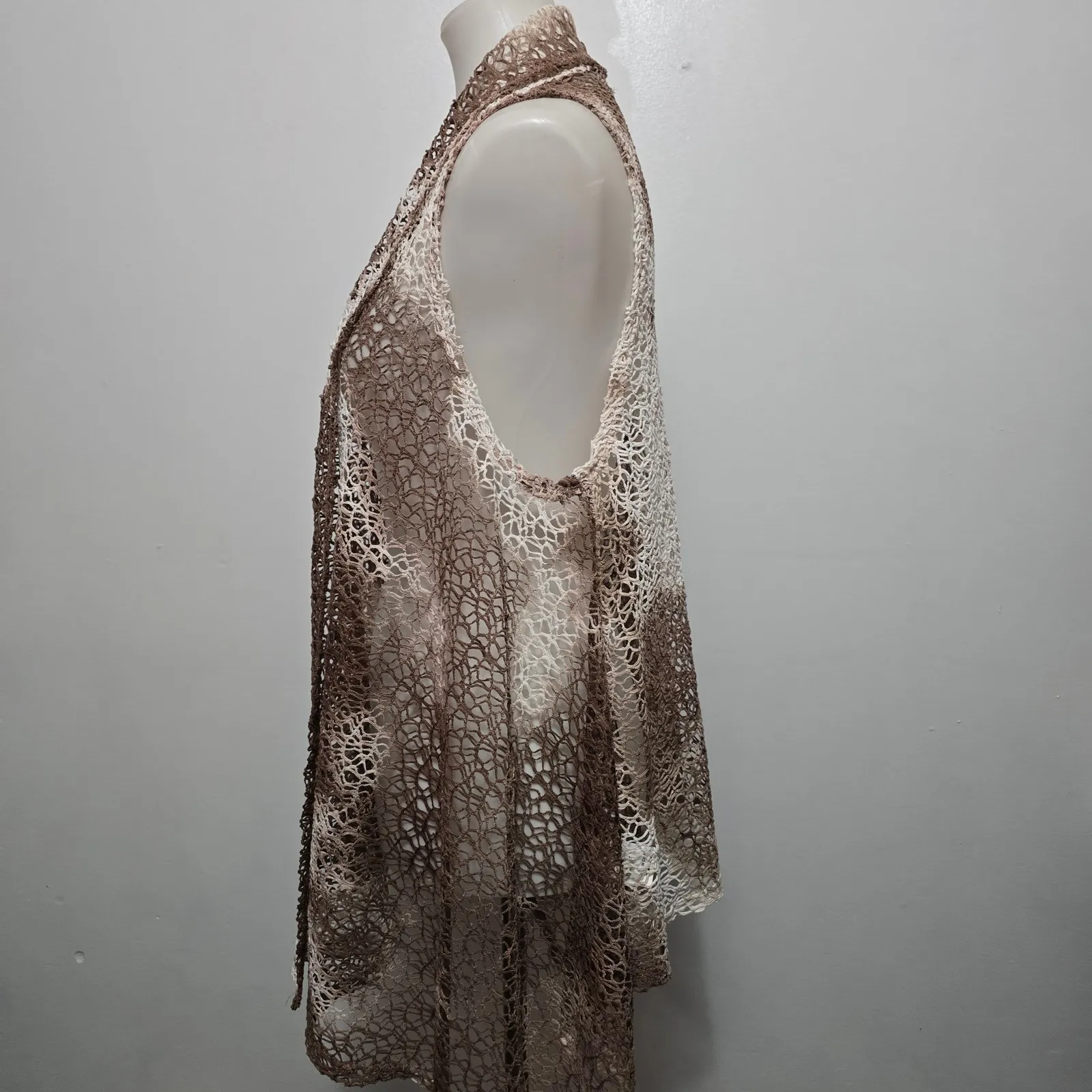ADORE Tie Dye Lace Crochet Open Front Sleeveless Vest XL Boho Festival Brown - Image 3