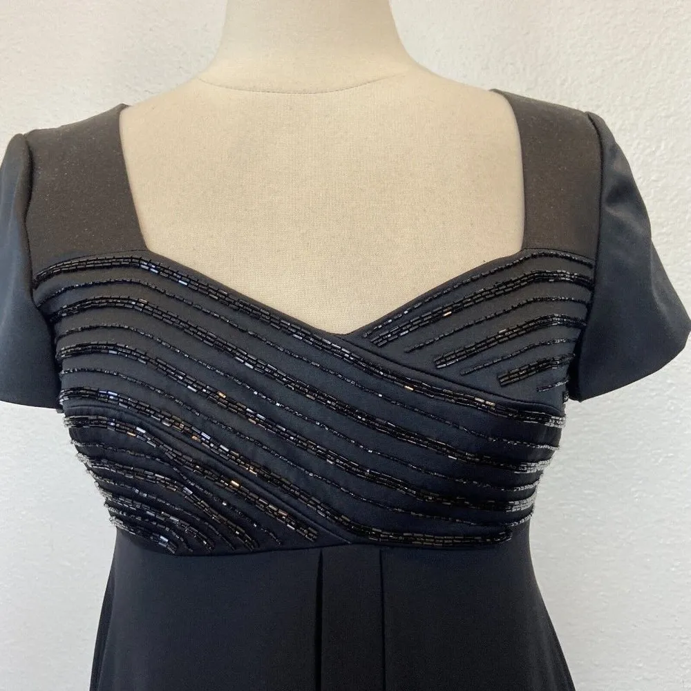 Vintage 90s  Night Solid Black Satin Beaded Full Length Dr… - Image 5