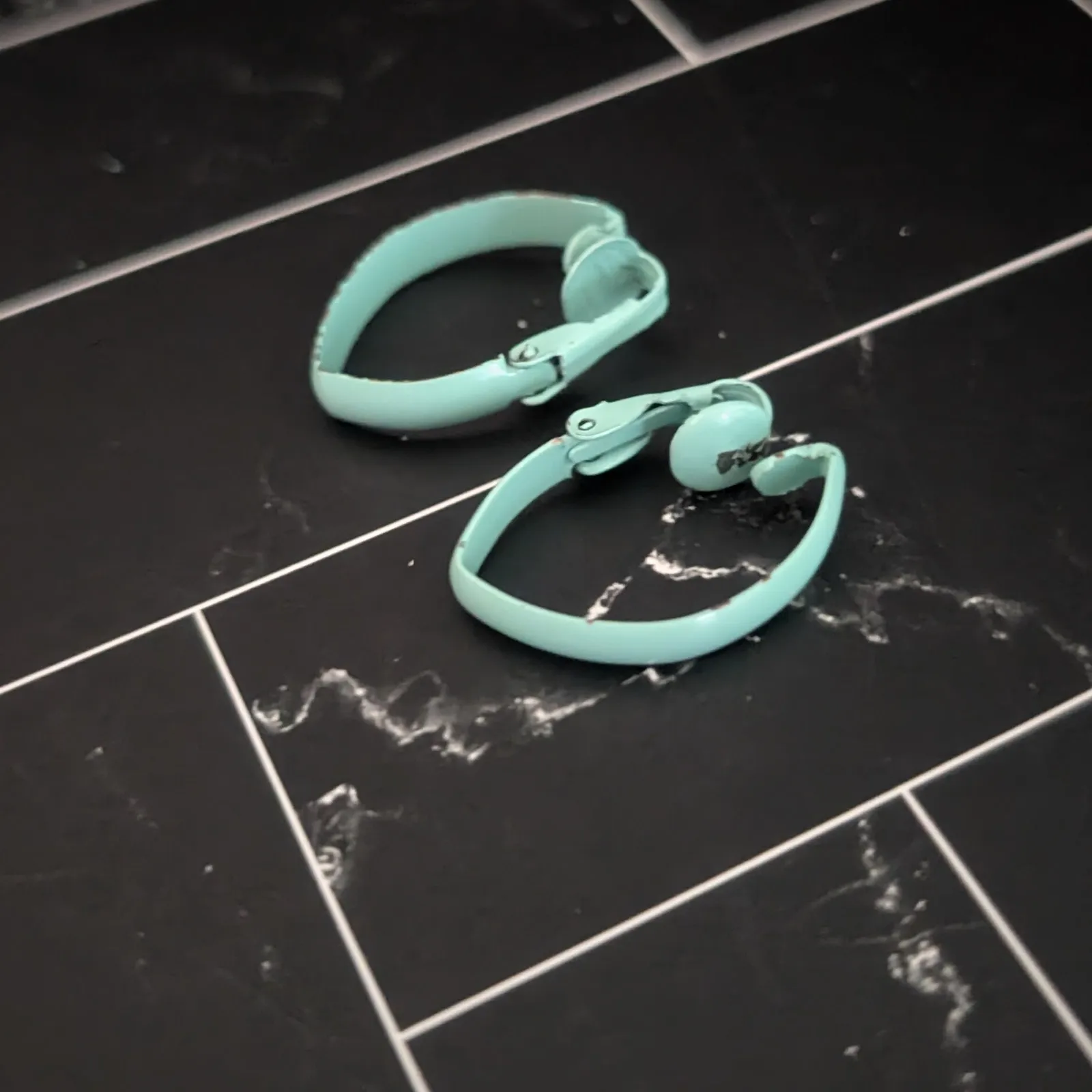 Vintage Clip On Earrings 1" Aqua Blue Elongated Folded Hoop Retro - Image 5