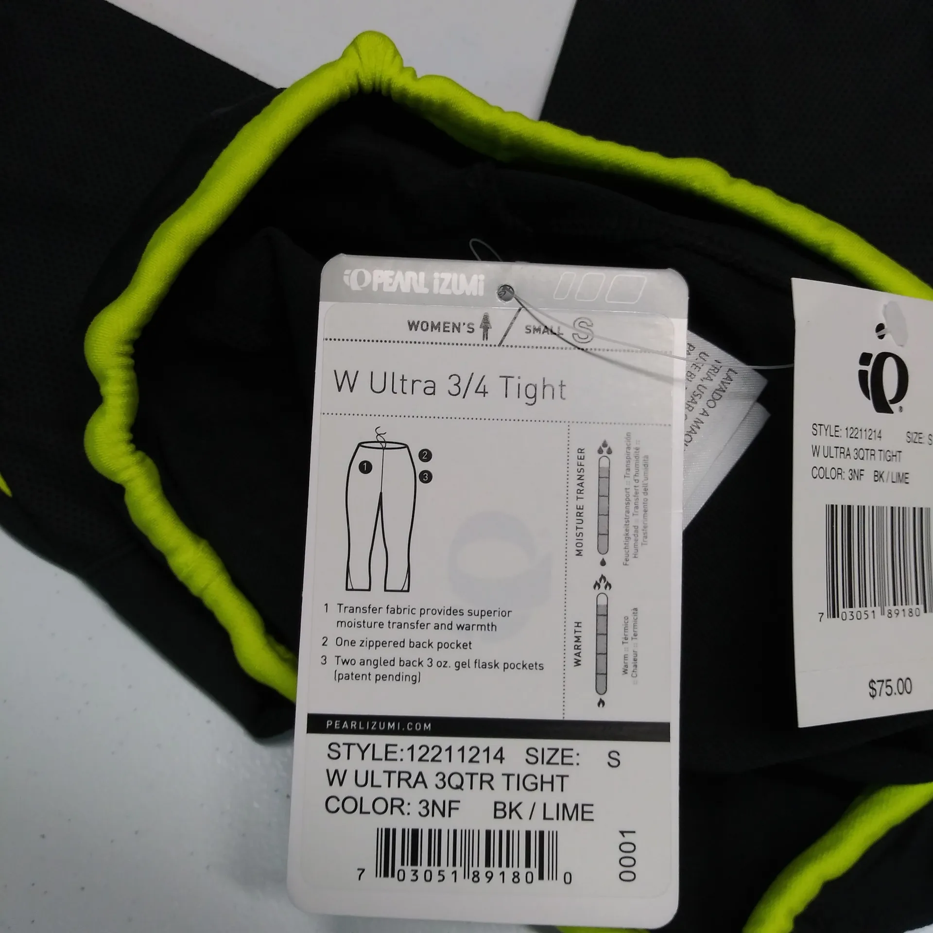 Pearl Izumi Women's Ultra 3-Quarter Tight Cycling Black Lime Size Small - Image 9