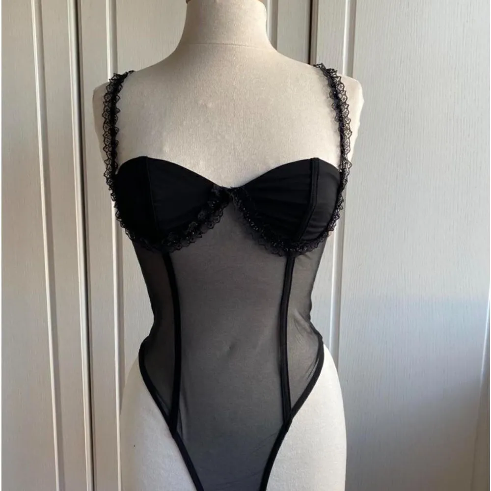 Black Mesh Bodysuit with Lace Straps and Ruffled Cup Details Size L - Image 5