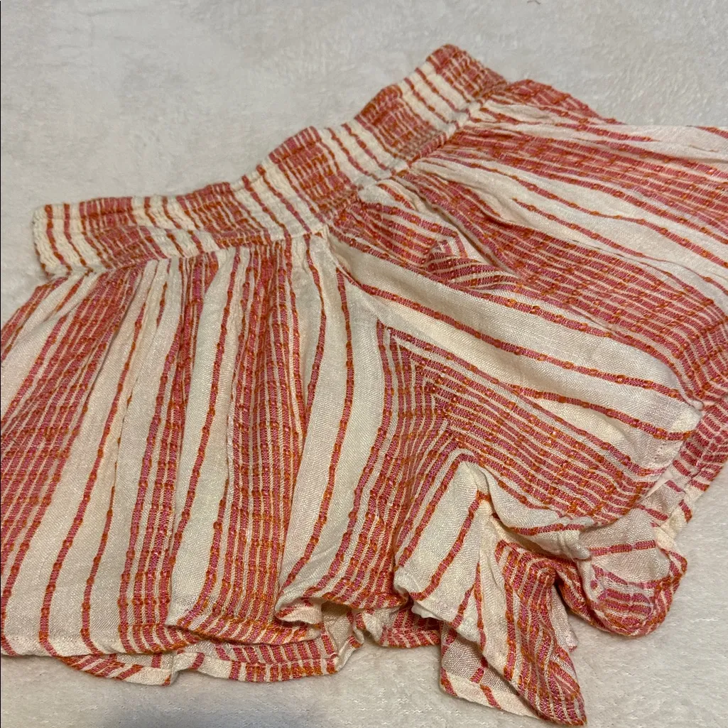 Free People She Will Be Loved Cream and Pink Striped Ruffle Shorts - Image 4