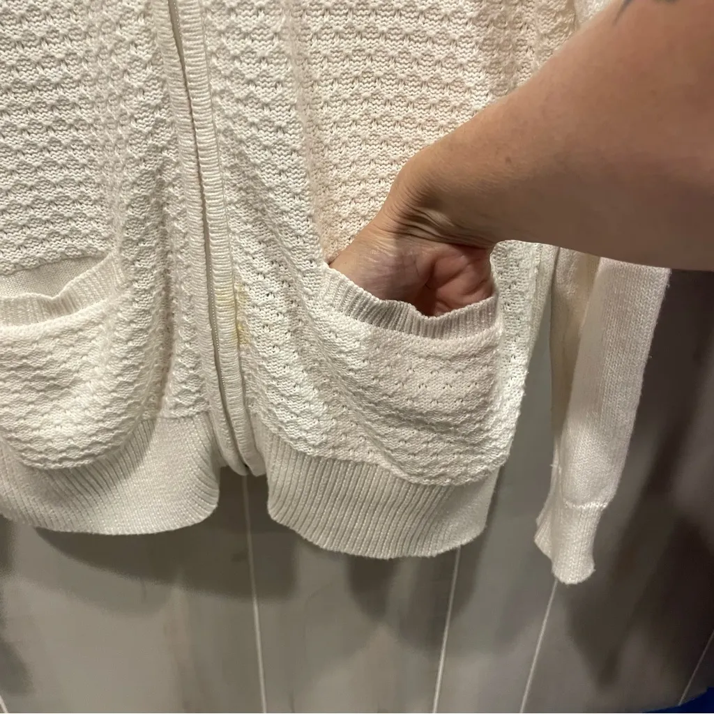 Cute vintage 90’s creamy white textured front zip cardigan sweater pockets - Image 10