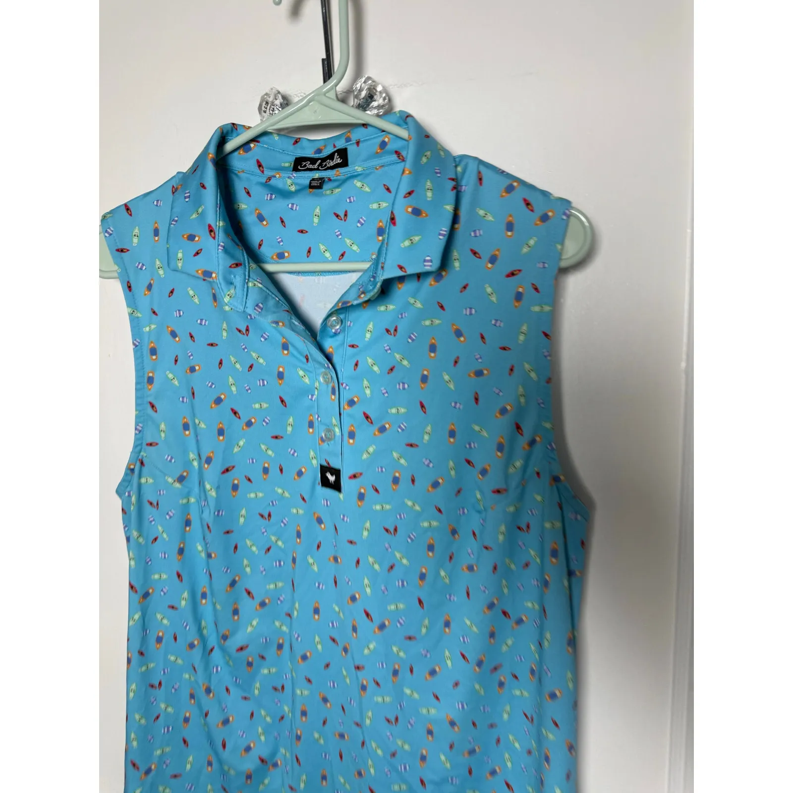 Bad Birdie Sleeveless Performance Bright Blue Canoe Boat Print Polo Women's XL - Image 3