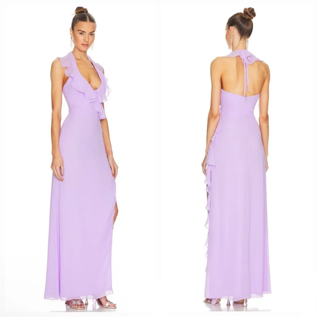 NEW NWT YAURA X REVOLVE Itunu Ruffle Halter Maxi Gown In Lilac Light Purple - Image 2