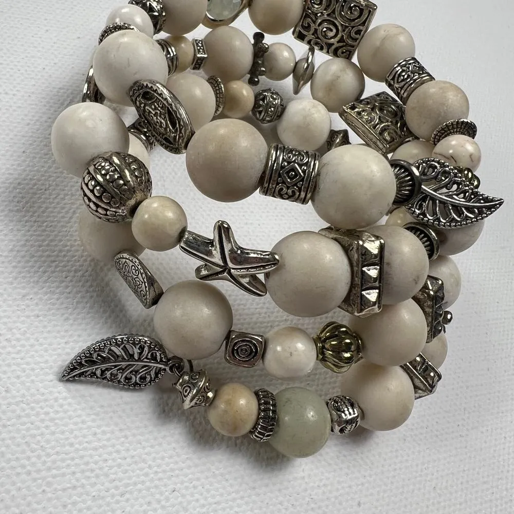 Handmade coil Beaded bracelet Chalky White Silver Tone Leaf End Caps - Image 5