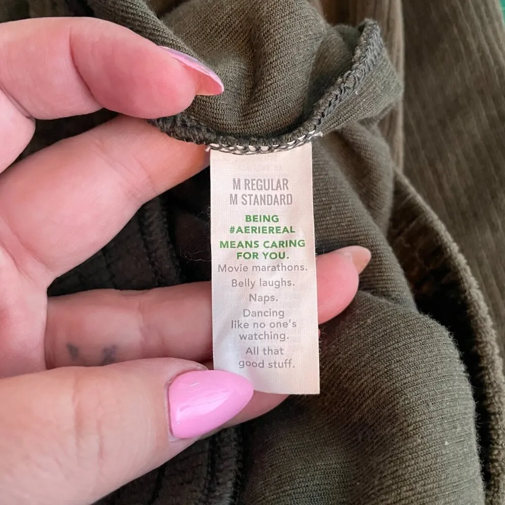 Aerie Women M Reg Olive Green Corduroy Ribbed Flare Pants Pull On Festival Boho - Image 9