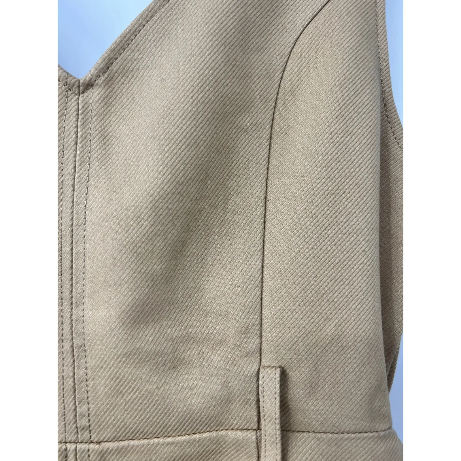 MOUSSY Women's V Neck Belted Waist Denim Dress Sleeveless Solid Khaki‎ Size S 1 Tan - Image 8