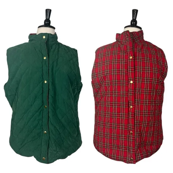 Glizy Quilted Vest Snap Front Reversible Green Red Plaid Women’s Size 2XL - Image 2