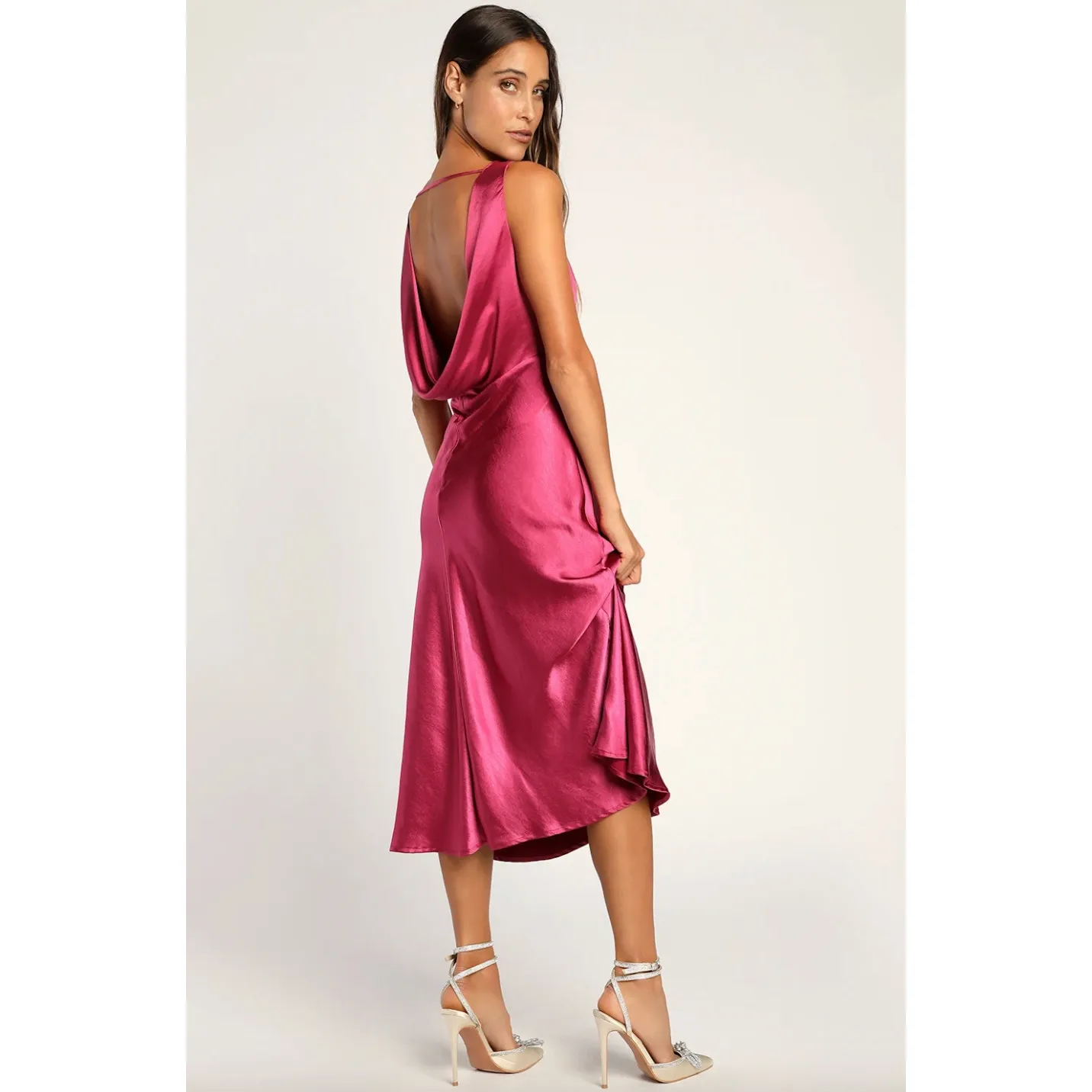 Lulus Incredible Love Magenta Satin Cowl Back Midi Slip Dress Cocktail Large NWT - Image 3