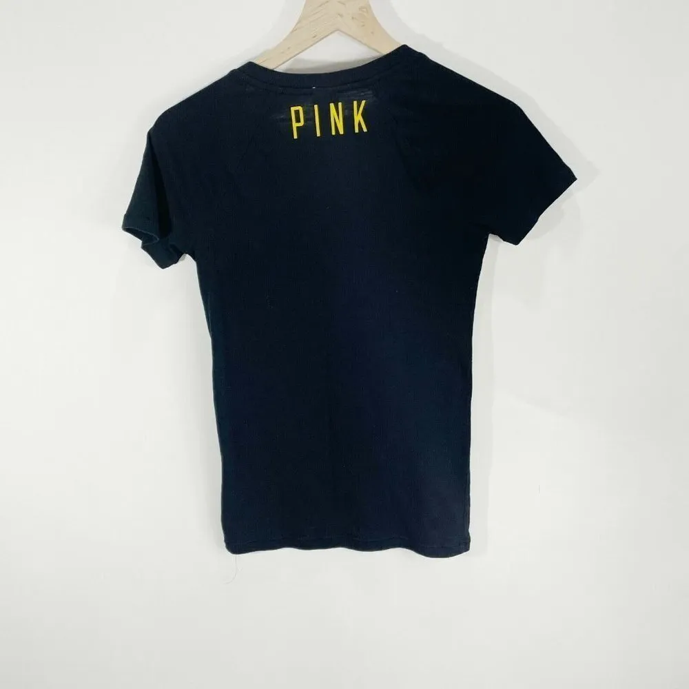 MIZZOU Victorias Secret Pink Gold Sequin Short Sleeved Black V-neck Shirt Sz XS - Image 6