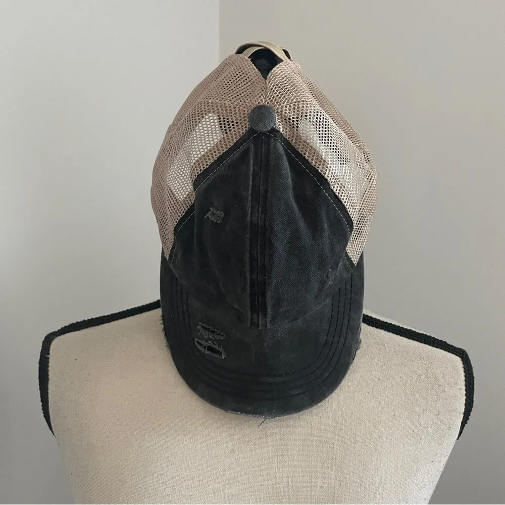 CC Canvas‎ Cotton Distressed Brim Strap Hat Mesh Ponytail Holder Baseball Cap OS Gray - Image 2