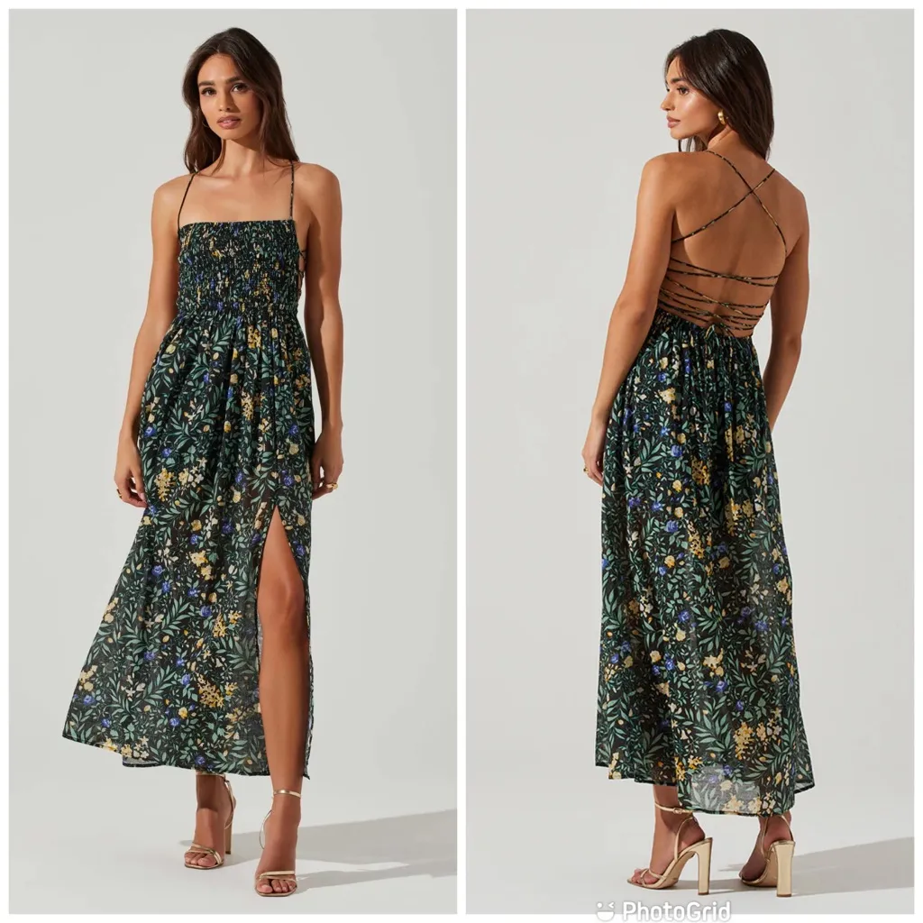 ASTR the Label‎ Stasia Black Floral Smocked Maxi Dress Strappy Open Back Medium - Image 2