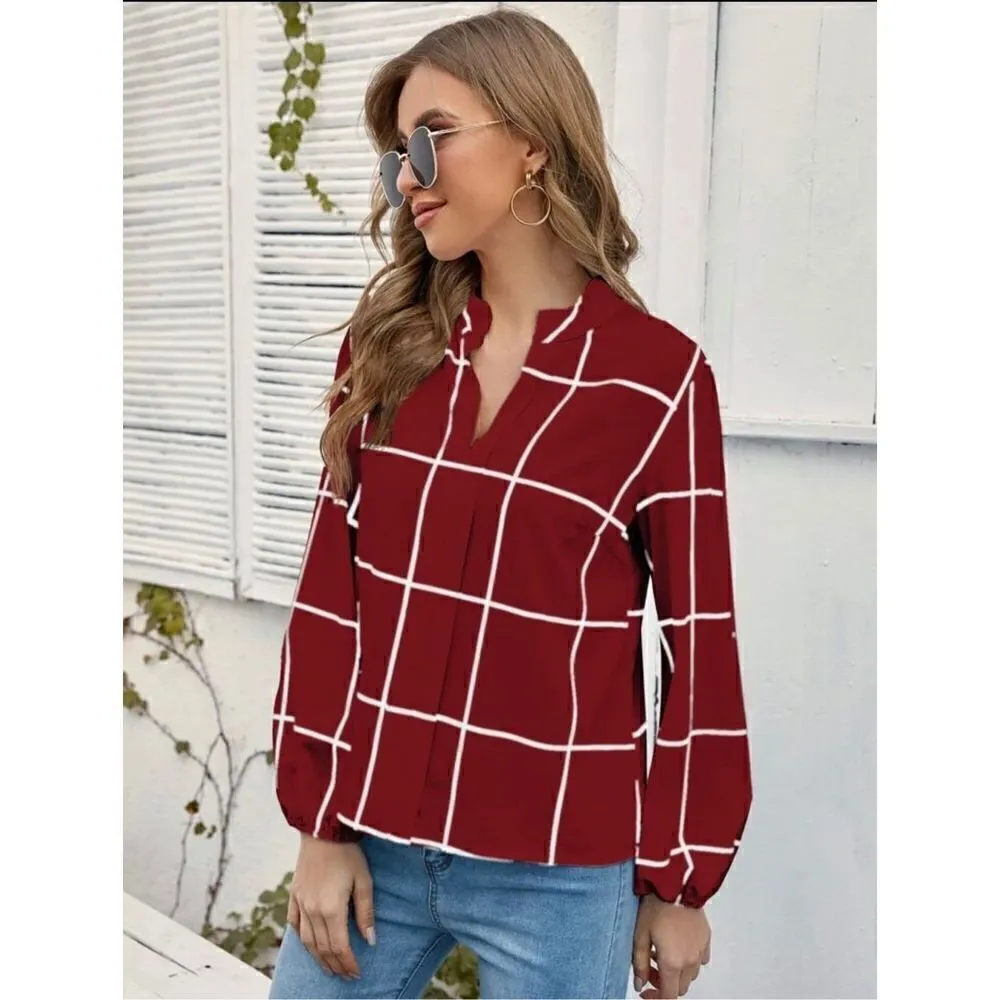 SHEIN Privé Windowpane Plaid Notched Neck Blouse Size Small - Image 3