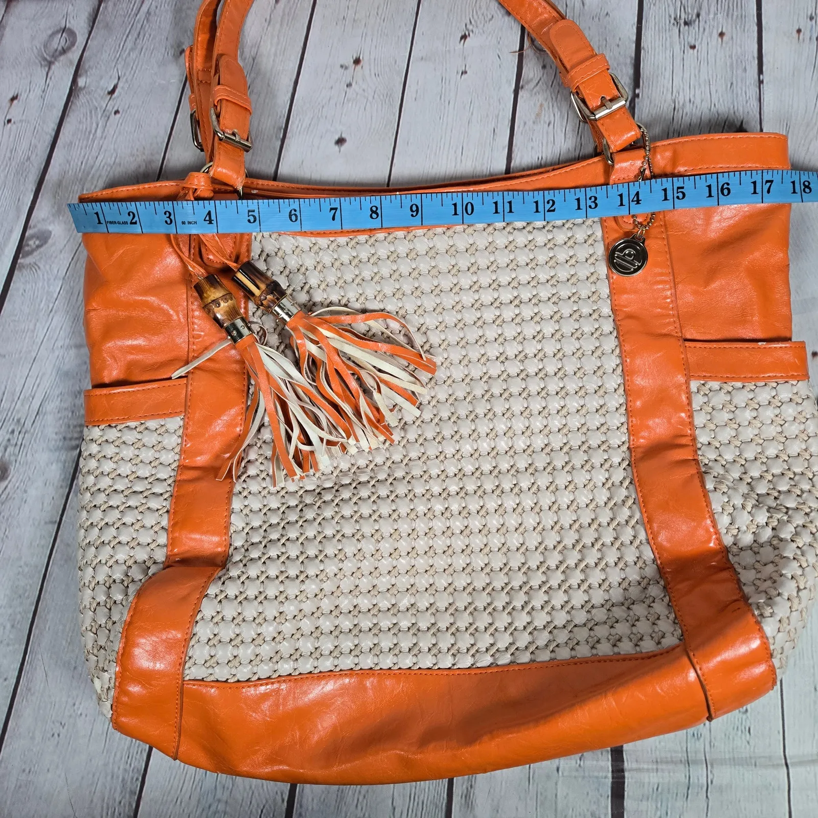 BIG BUDDHA‎ Orange Woven Leather Tassel Tote Bag - Image 15