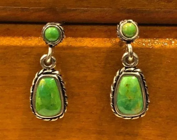BARSE Green Turquoise Sterling Silver Rope Framed Pierced Drop Dangle Earrings - Image 1