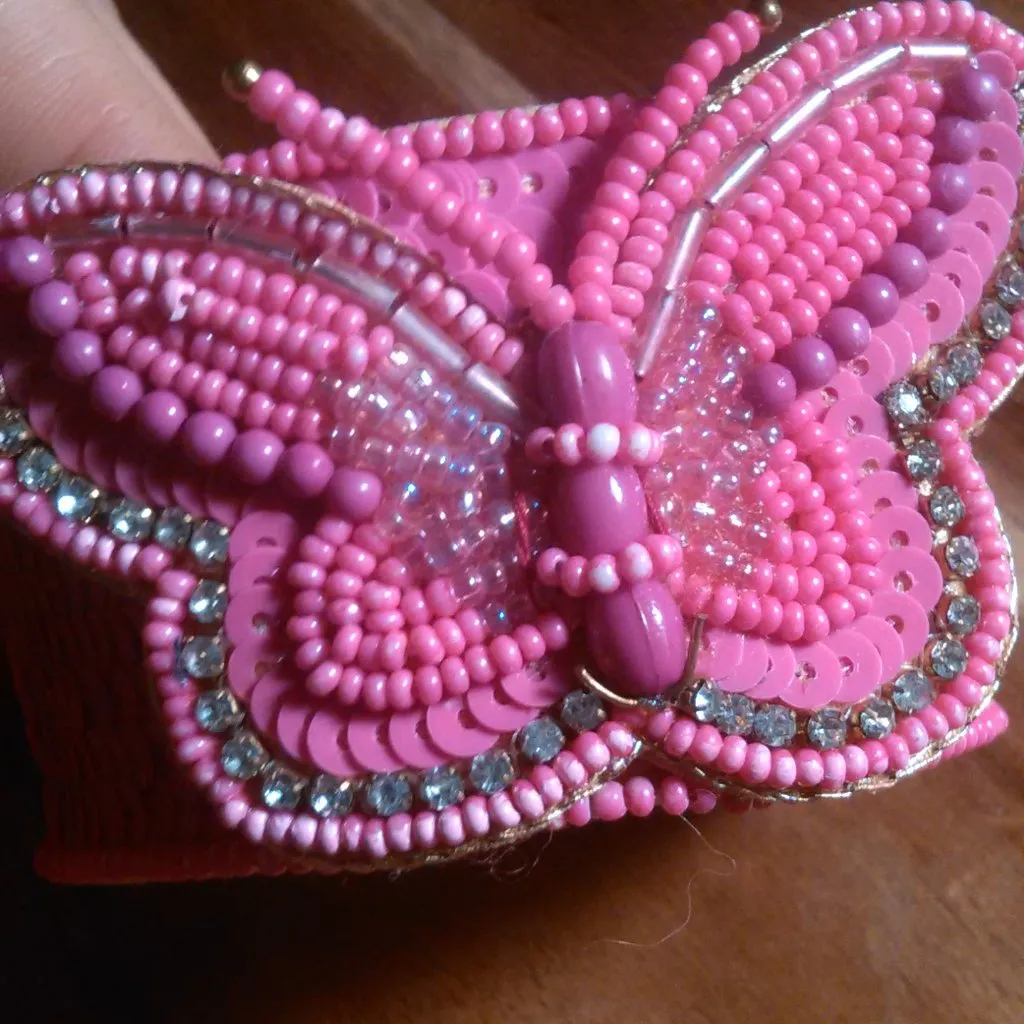 Handcrafted Fushsia Seed Beaded Butterfly Cuff Bracelet - Image 13