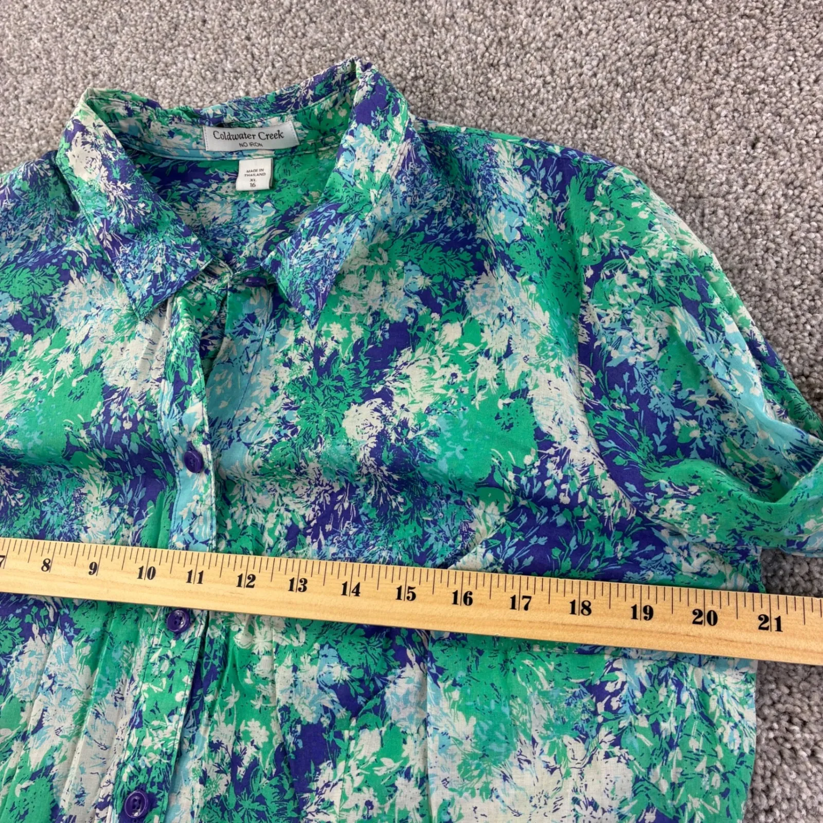 Coldwater Creek No Iron Womens 16 Floral Print Button Up Shirt Green Blue Career - Image 7