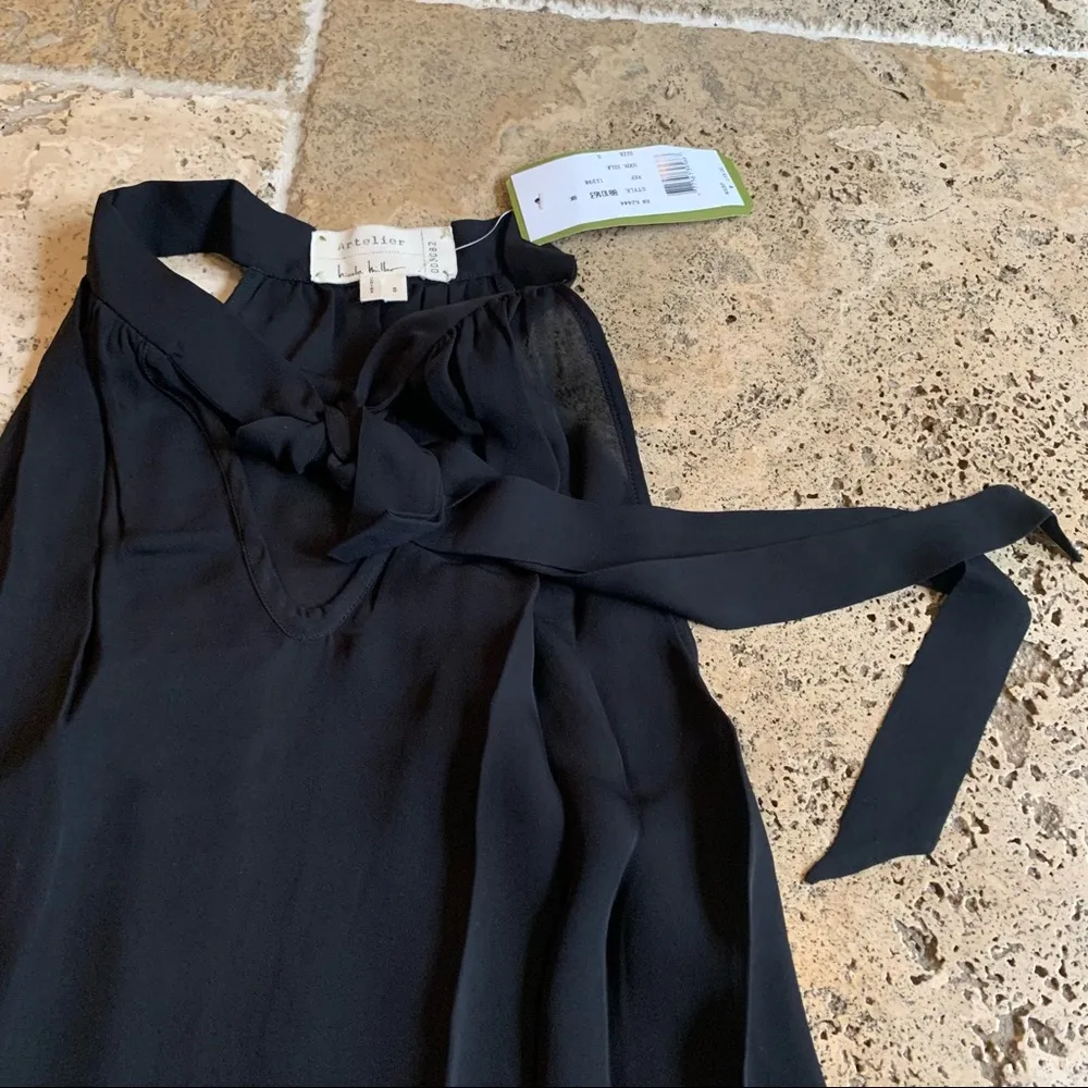 Artelier Nicole Miller Black Silk Tie Mock Neck Front Tie Silk Tank Top - Image 3