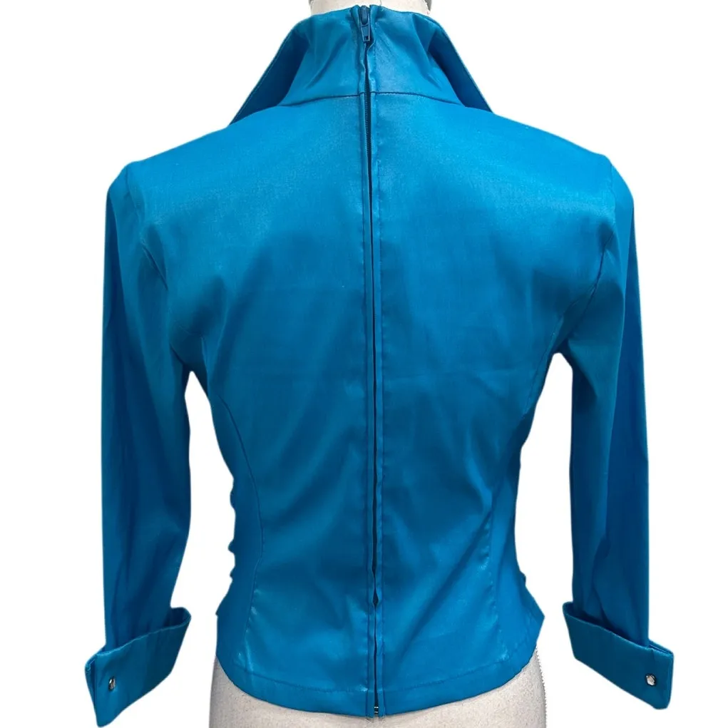 VTG 80s Tadashi Shoji Turquoise Ruched Iridescent Taffeta Blouse Small Glam Bold - Image 2