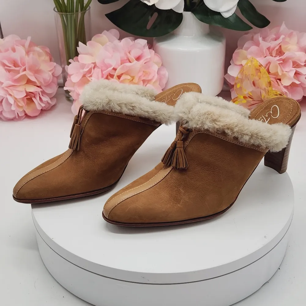 Arturo Chiang Vintage Y2K Shearling, Suede & Leather Mules Heels Tassels Sz 6.5 - Image 2