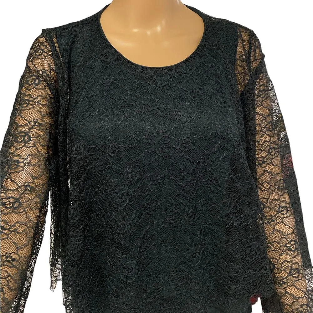 Zara Bottle Green Lace Flounce Blouse size M - Image 3