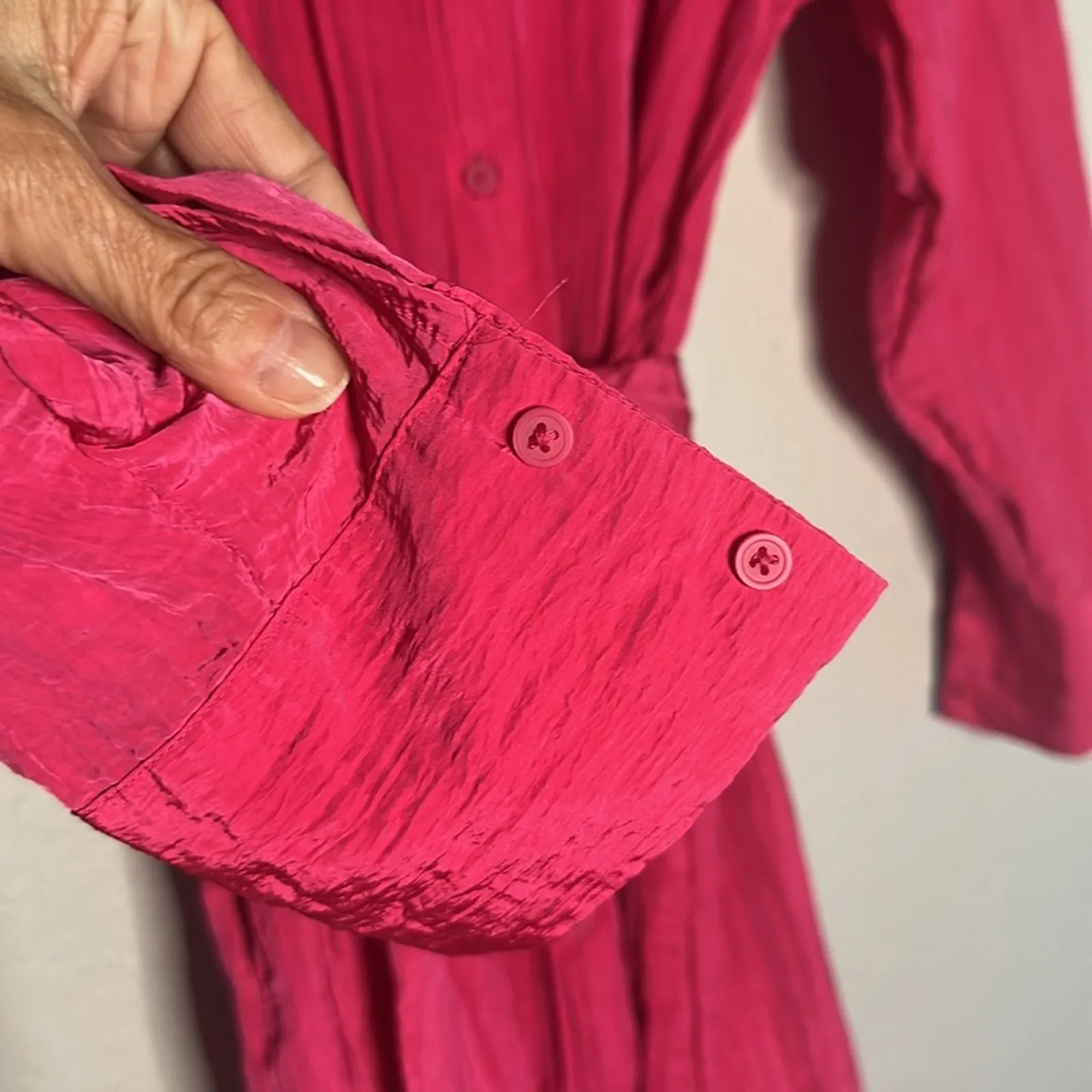 Express Portofino Hot Pink Poplin Shirt Dress Midi Belted Pockets Valentines - Image 5