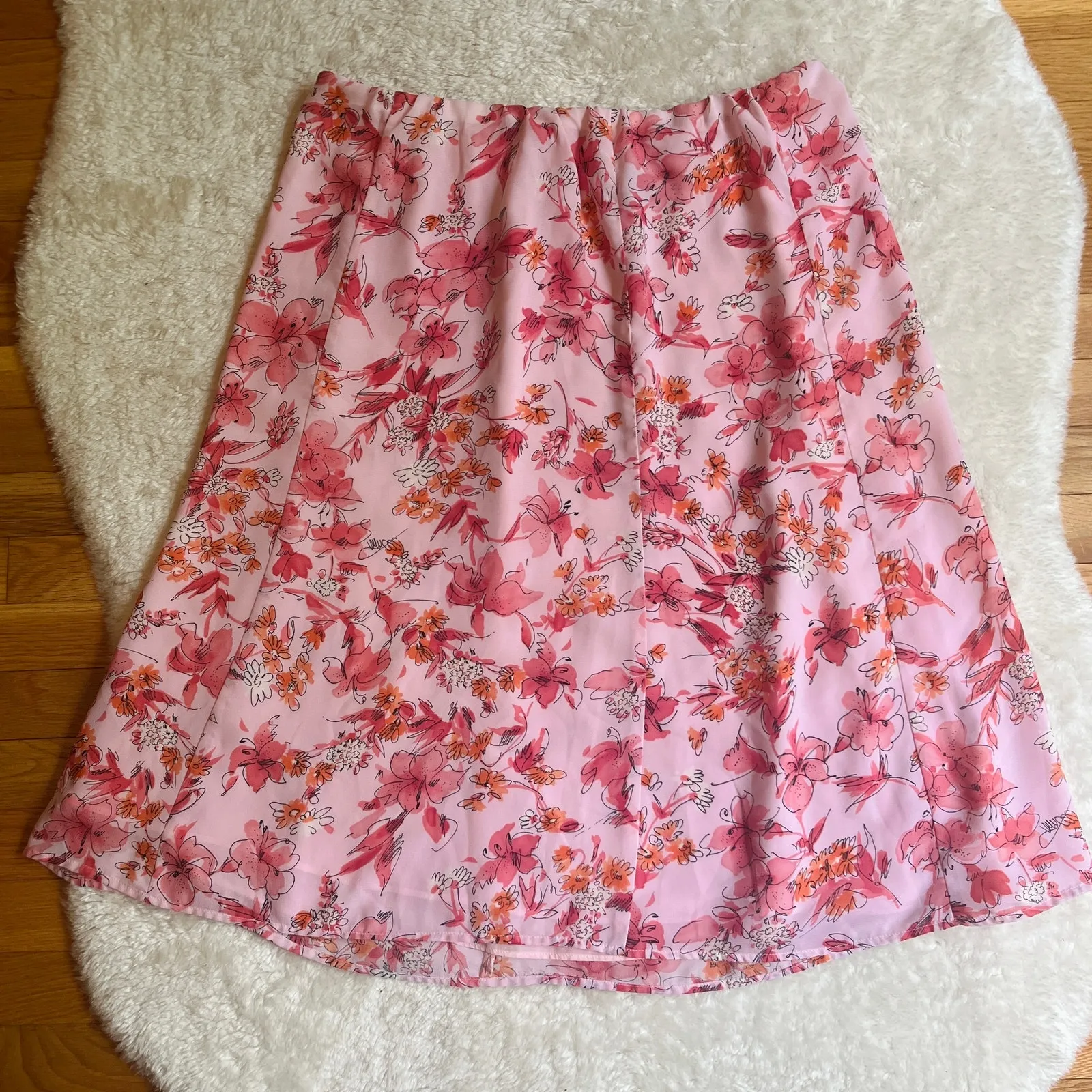 VTG y2k Laura Scott | Flowy Light Pink Floral Lined Midi Skirt | Size XL - Image 3