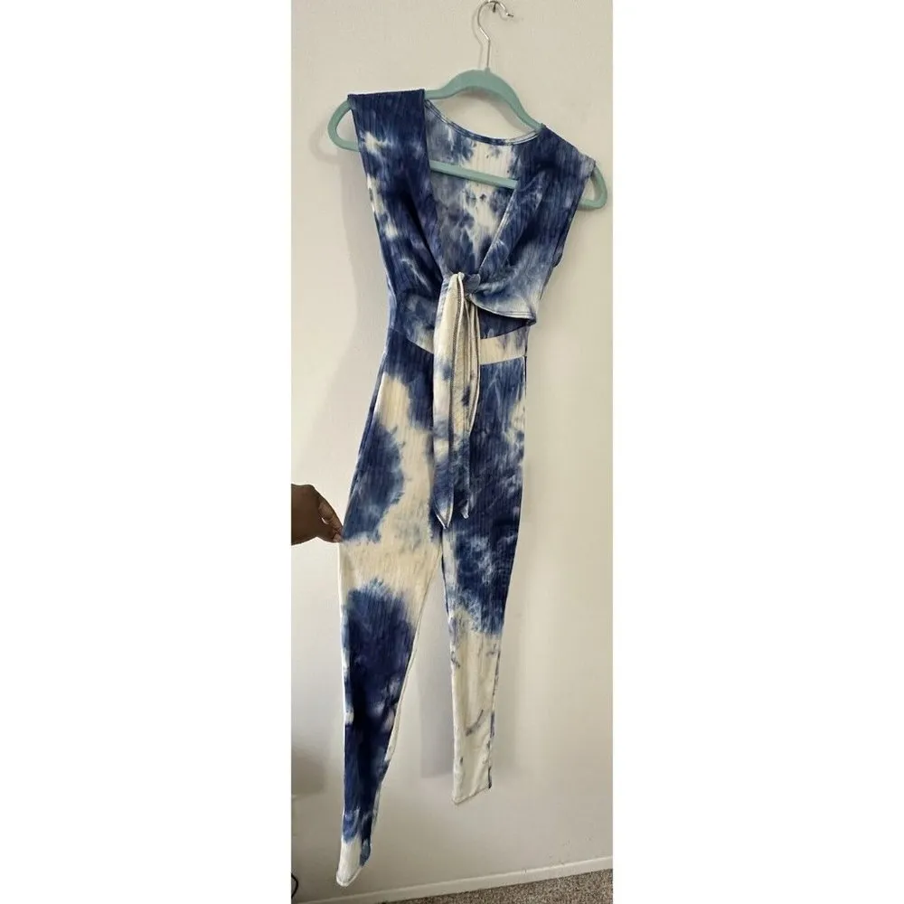 Women’s Tie Dye Stretchy Jumpsuit Open Back Size Small Summer Vacation Party Blue - Image 12