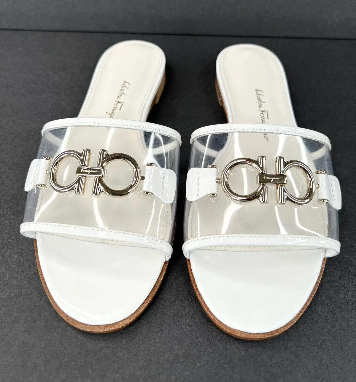 Salvatore Ferragamo Rhodes Pvc Gancini Logo White Leather Flat Sandals Size US 5 - Image 3