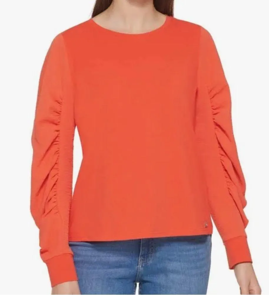 NWT Calvin Klein stretch knit top with ruched chiffon sleeves M - Image 3