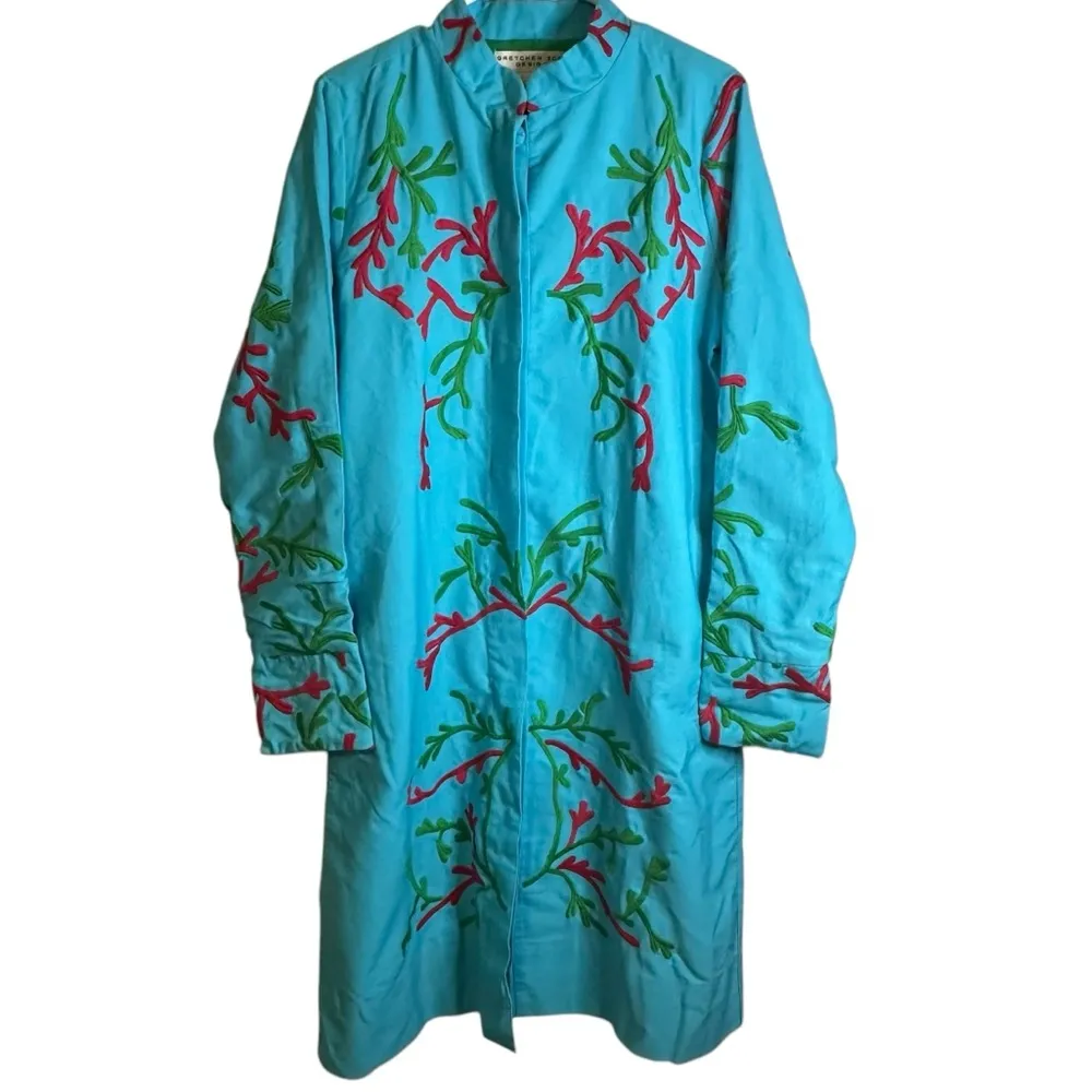 Gretchen Scott Designs NWT Blue Floral Embroidery Long Button Coat Size Large Green - Image 2