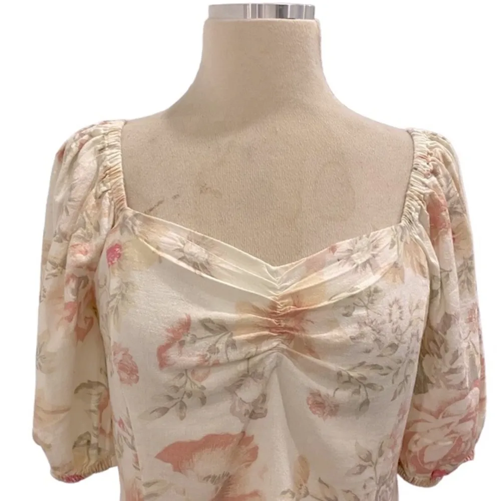 Puff Sleeve Floral Sweetheart Neck Linen Prairie Style Top Pink Size XS - Image 3