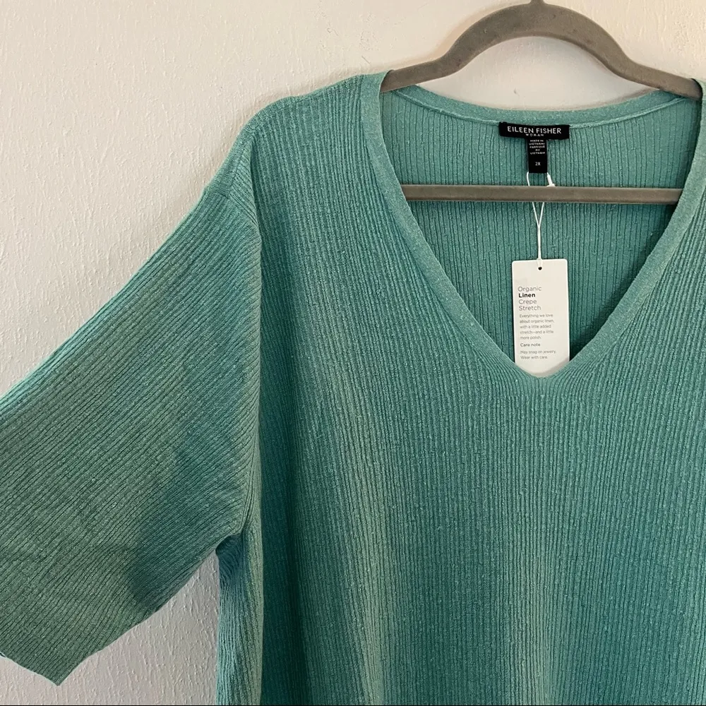 Eileen Fisher Top Organic Linen Crepe V Neck Elbow Sleeve Tunic Aqua Sz 2X NWT - Image 5