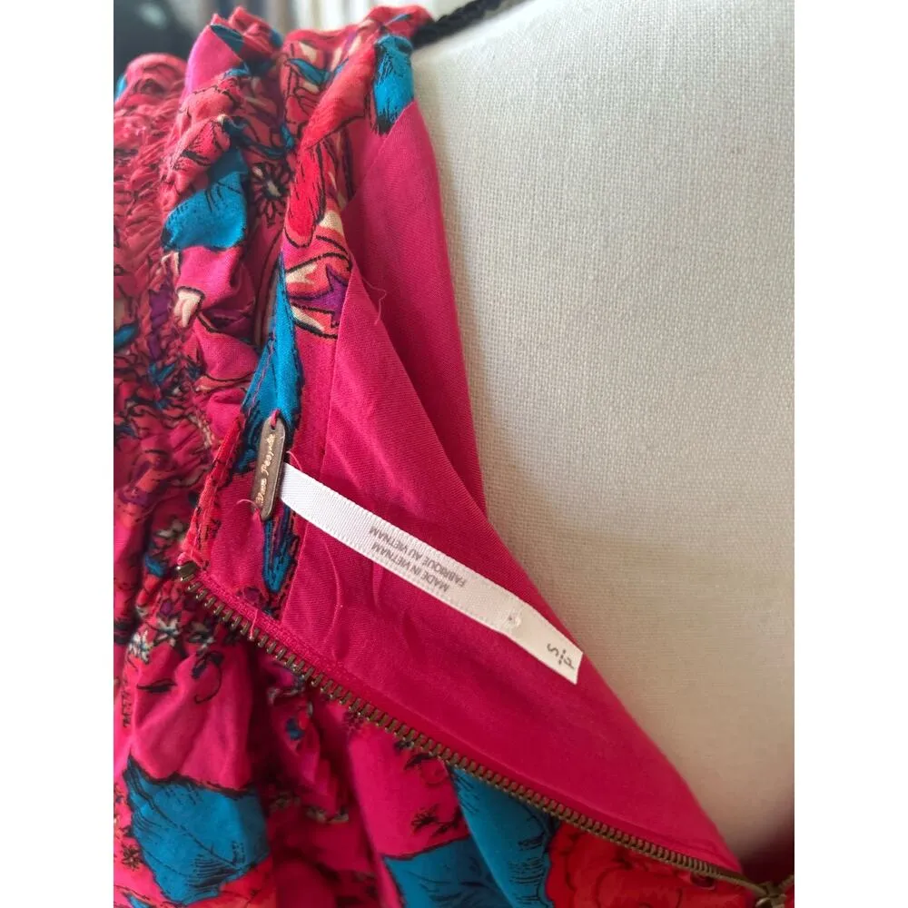 Free People Tara Hot Pink, Red & Blue Floral Flutter Sleeve Mini Swing Dress - Image 6