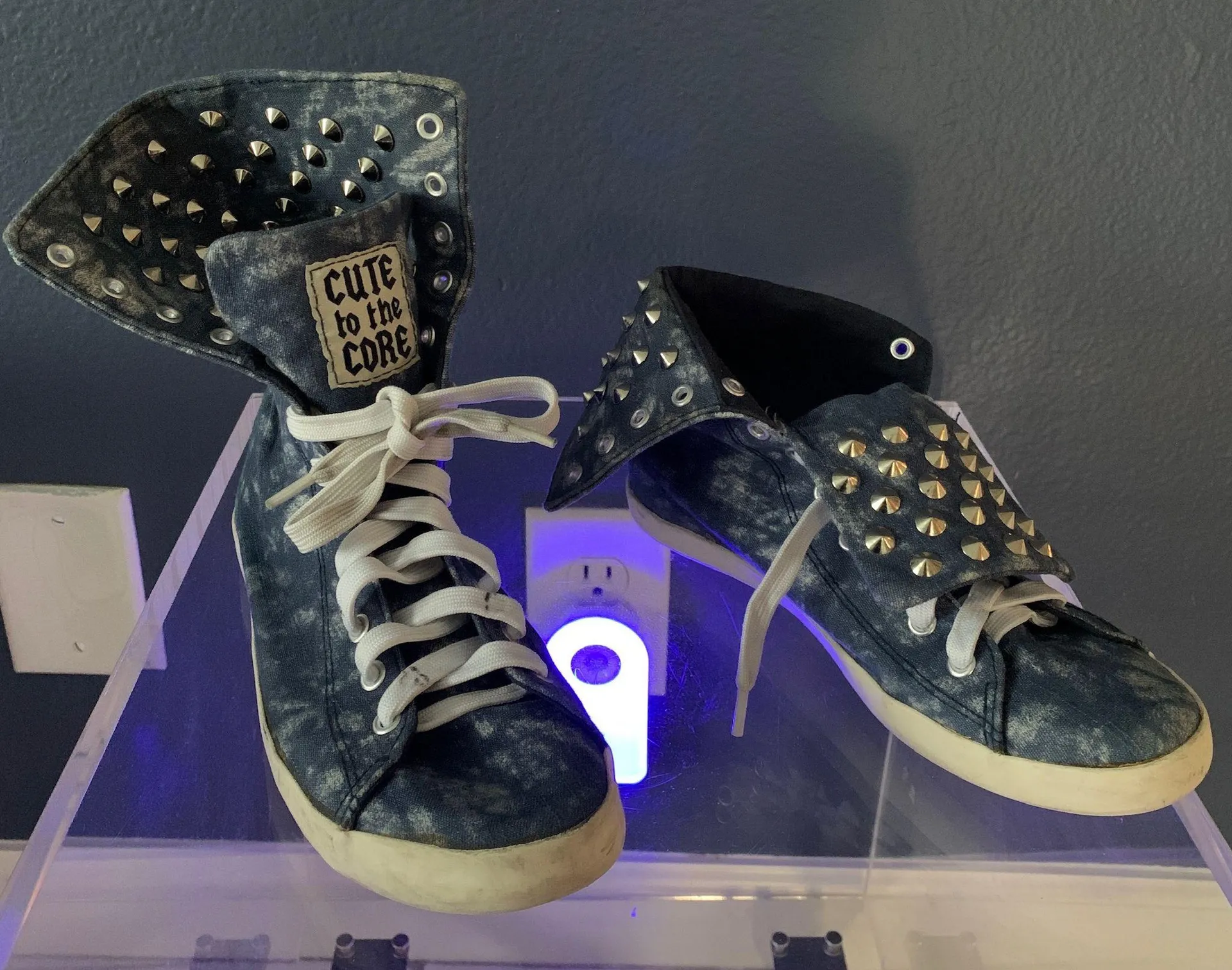 Cute To The Core Blue Denim Studded Foldable High Top Sneakers - Image 3