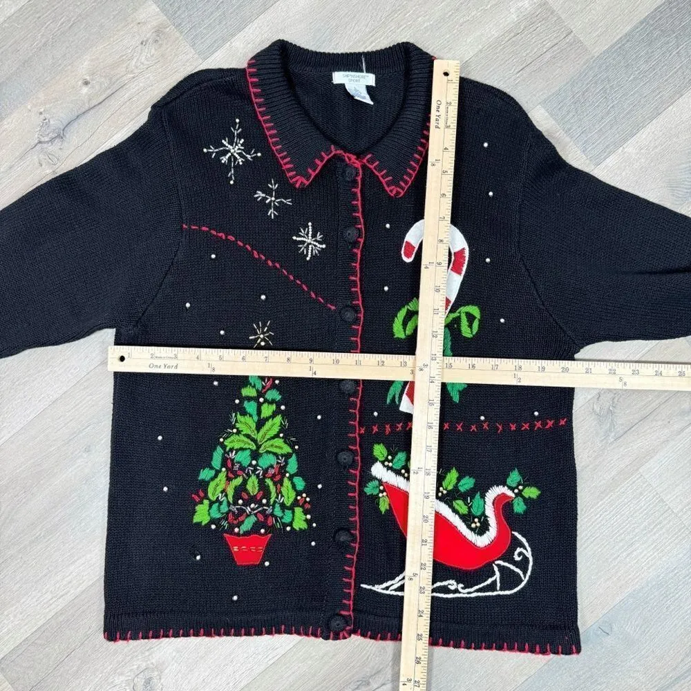 Vintage Ship N Shore‎ Sport Christmas Cardigan Embellished Ugly Sweater Black Size L - Image 9