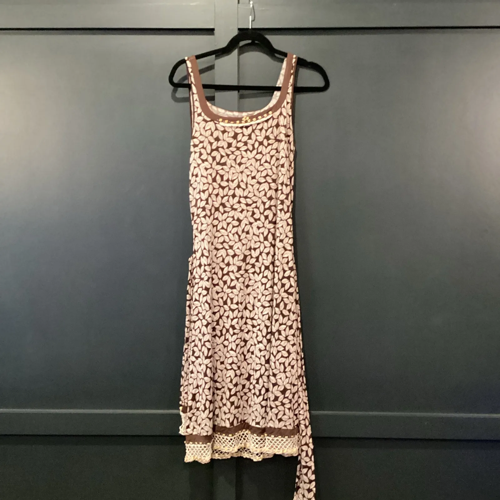 Oscar De La Renta brown & cream floral leaf beaded hem detail sleeveless dress M - Image 2