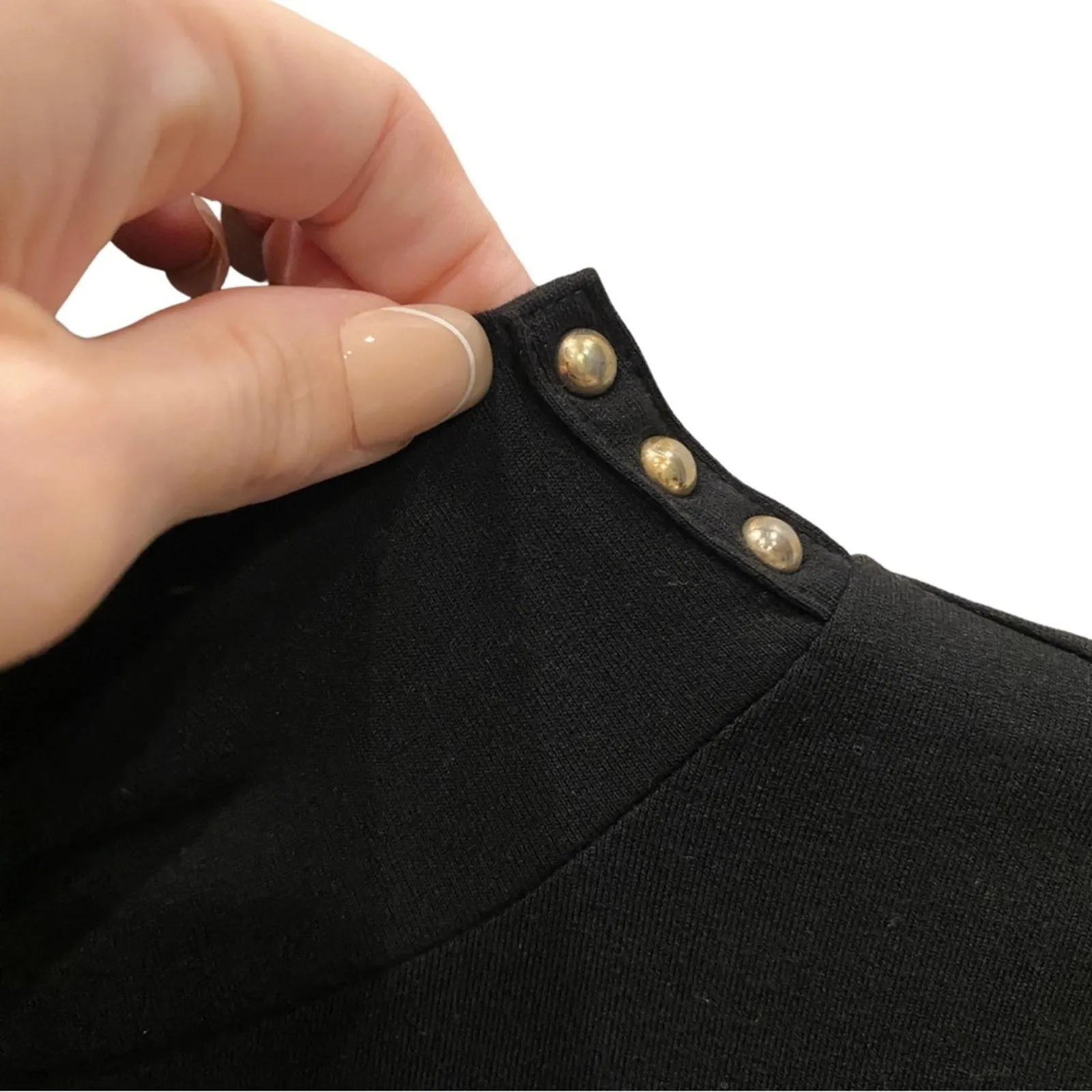 WHBM Black High Mock Neck Blouse Short-sleeved Shirt Top Gold Stud accents XXS - Image 2