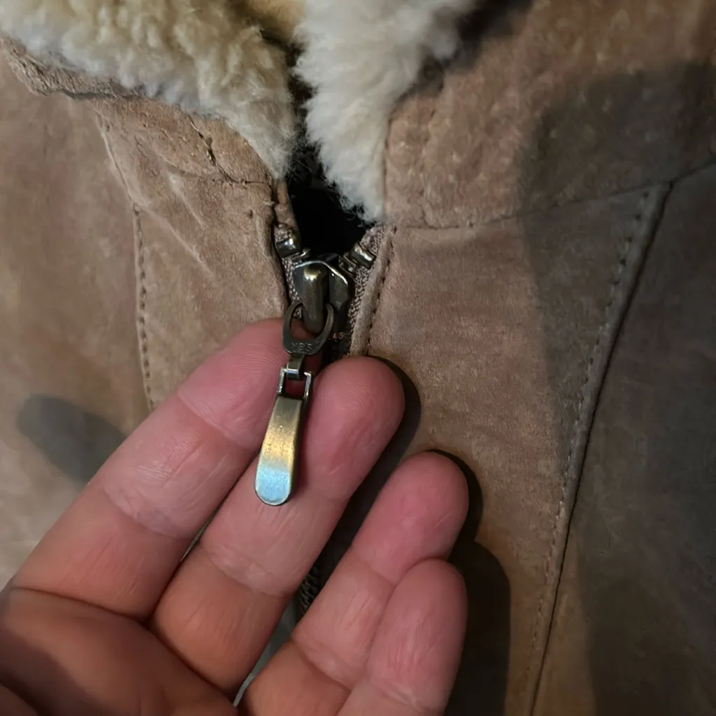 Washable Suede Leather Coat Faux Fur Lining Penny Lane Jacket Pockets Warm Large Tan - Image 4