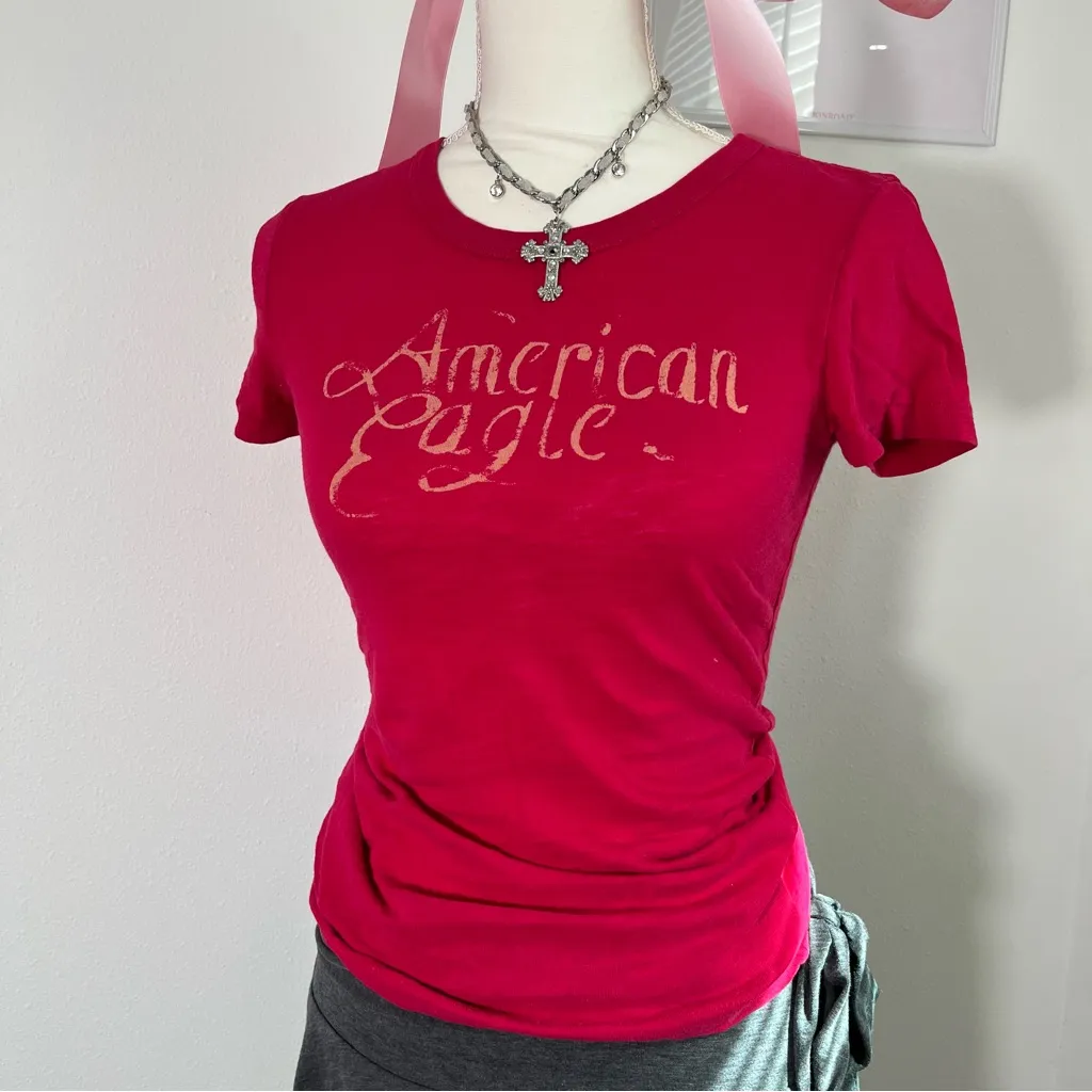 American Eagle Vtg Y2K Pink Baby Tee Preppy Logo Bella Swan Tight Womens Size XS - Image 2