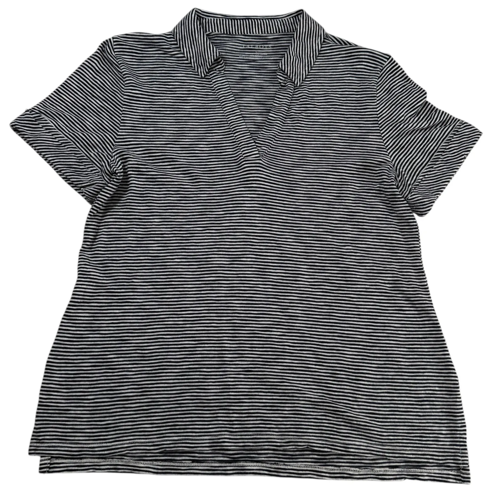 Talbots L Roll Cuff Johnny Collar Striped Short Sleeve Collared Polo Black White - Image 2