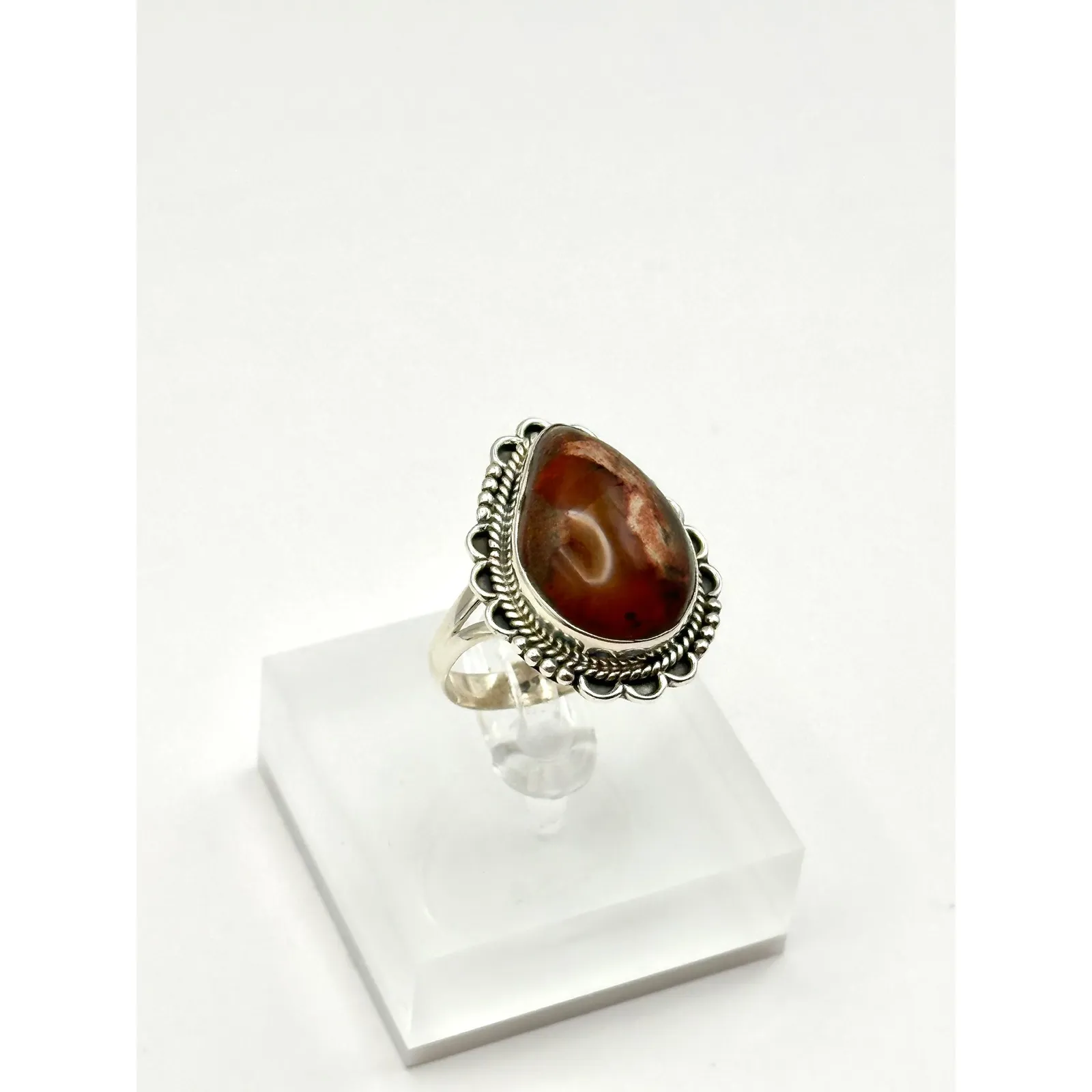 Mexican Fire Opal Sterling Silver Handmade Ring Size 9 - Image 2