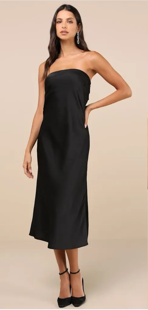 LULU’S Effortless Bliss Black Satin Strapless Cowl Back Midi Dress - Image 1