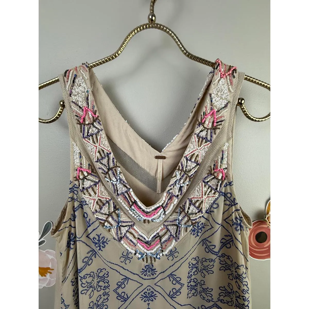 Free People Beige and Blue Ancient Mystery Beaded Shift Dress - Size - Small - Image 4
