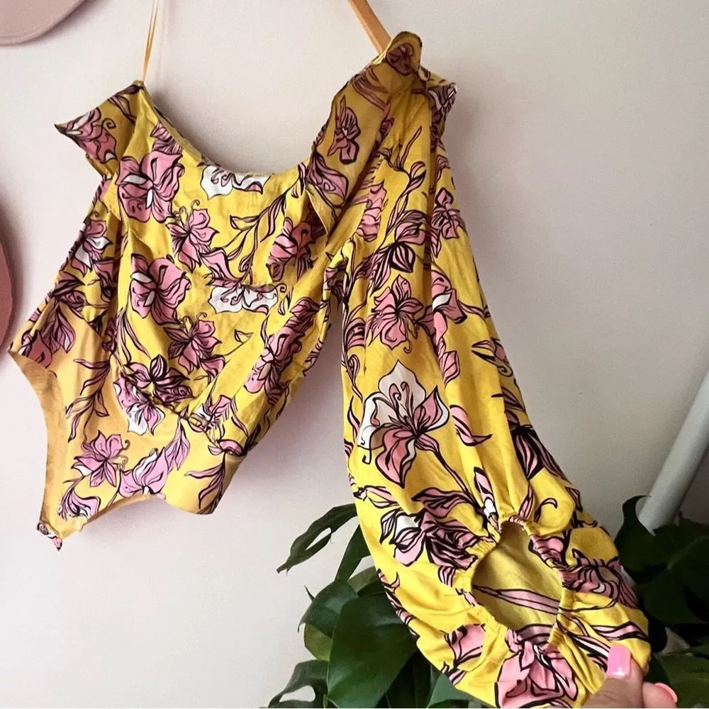 ZARA ‎ One Shoulder Yellow Pink Ruffle Bodysuit Blouse SIZE LARGE bold statement - Image 8