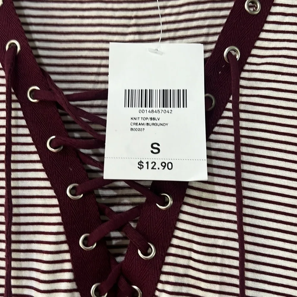 Forever 21 Short Sleeve V Neck Lace Up Striped Shirt NWT - Image 2