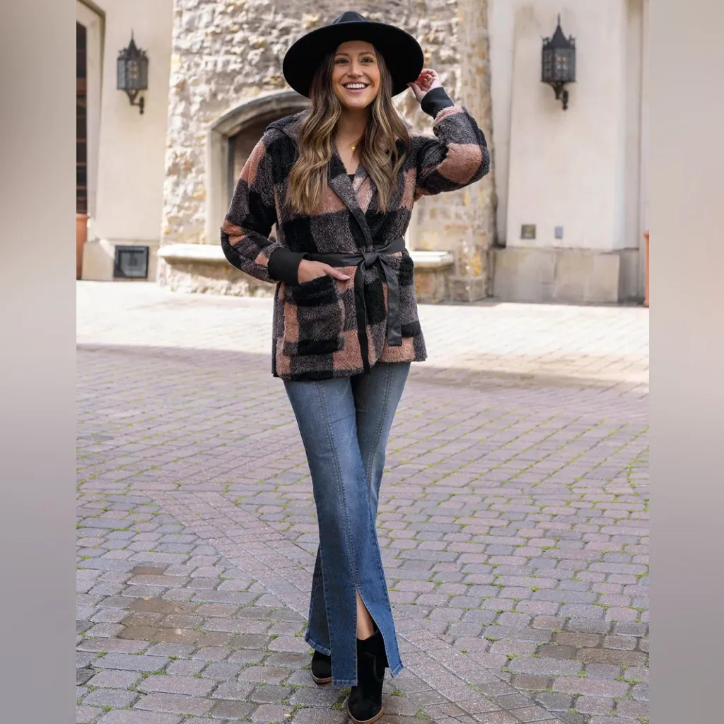 Fleece Tan/Black Buffalo Plaid Wrap Jacket Buffalo Fleece Plaid Wrap Jacket L/XL Black - Image 5