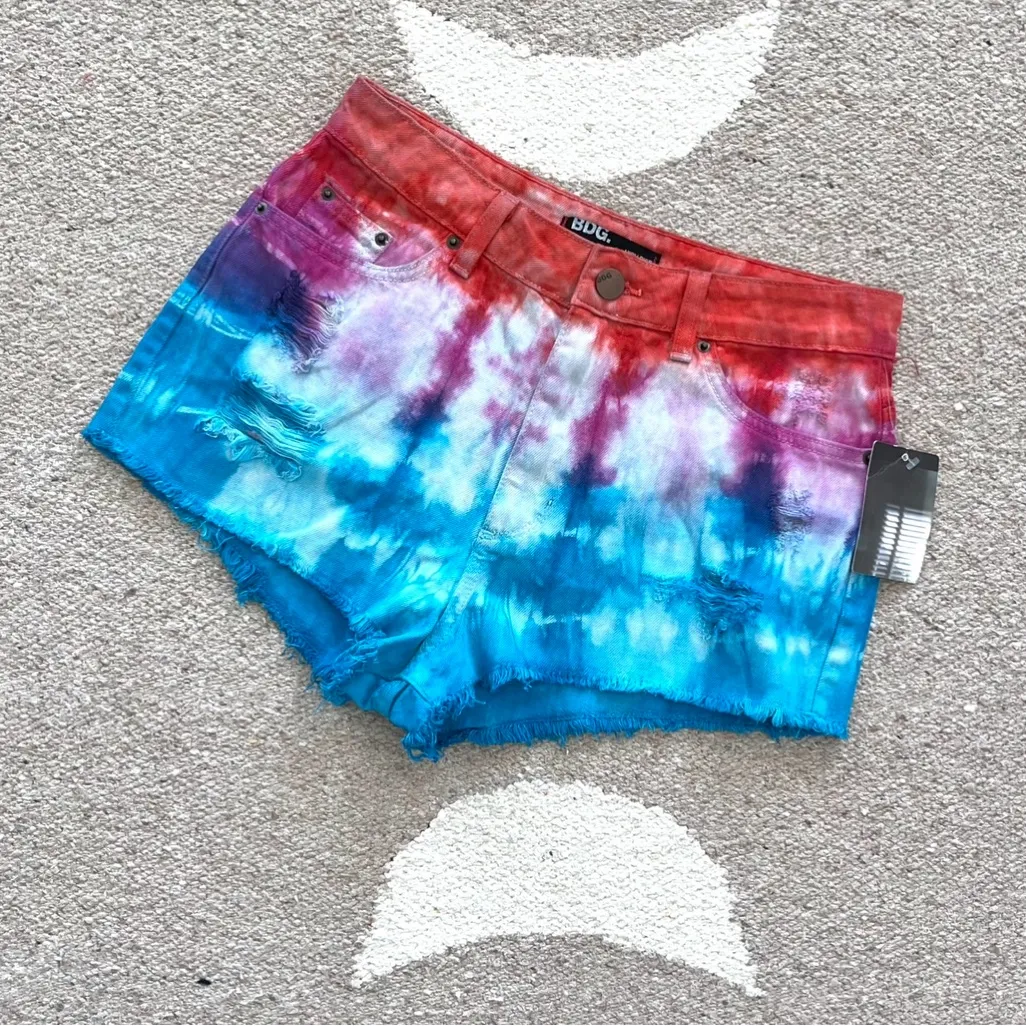 BDG Rainbow Tie Dye High Rise Cheeky Cutoff Denim Jean Shorts Size 29 - Image 2
